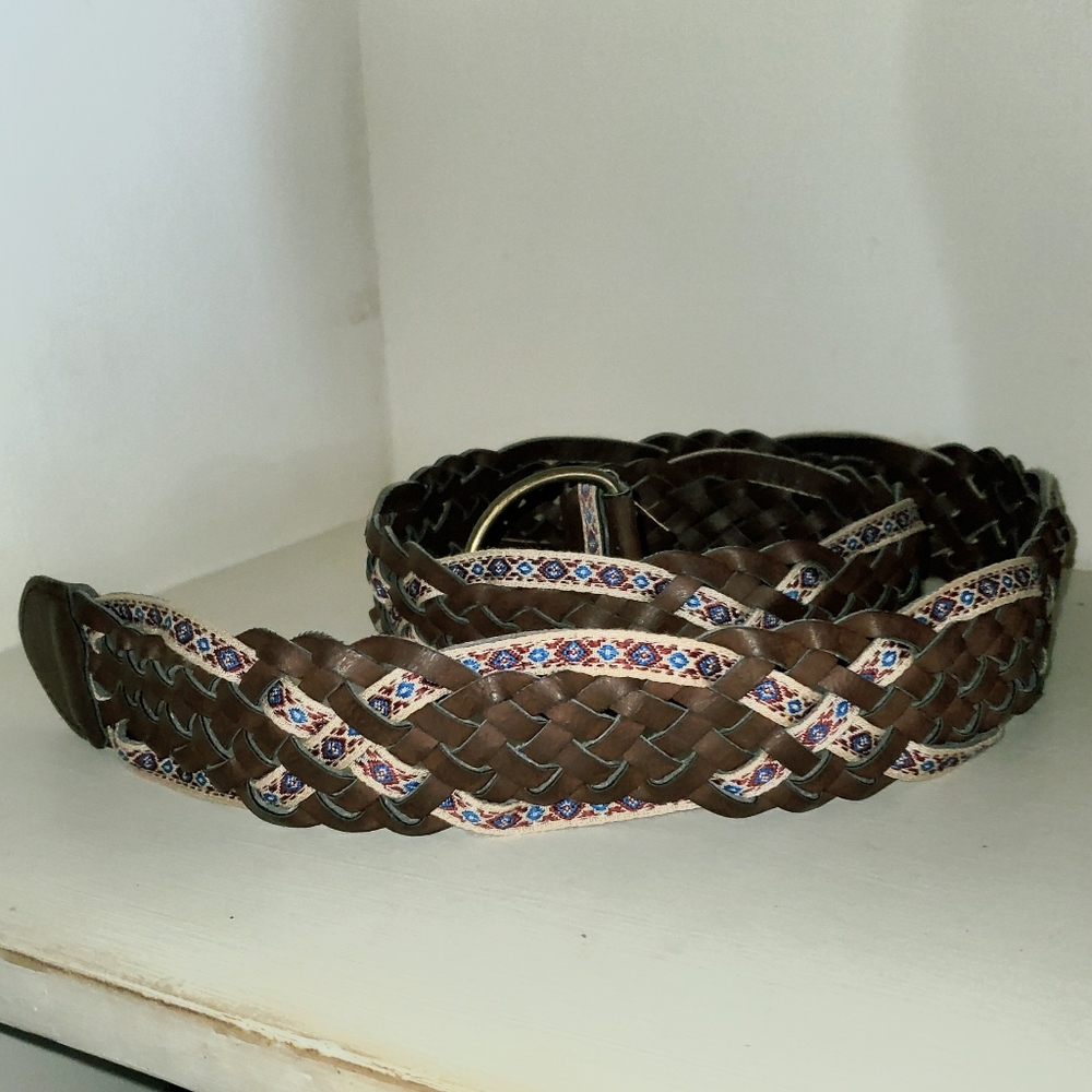 Vintage Brown Vegan Braided Belt Woven Faux Leather Embroidered Trim Hippie 2" W - Picture 4 of 9